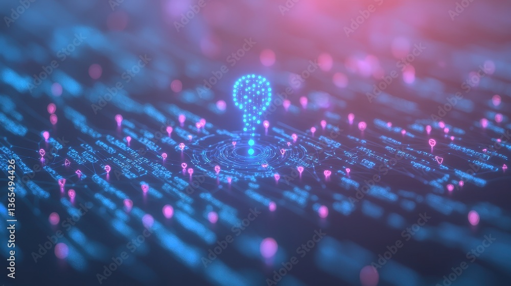 Poster digital location pin on data background with neon glow
