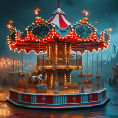 Halloween product display background podium, spooky carnival carousel, eerie red, white stripes, wooden texture, flickering lanterns, eerie glow, carnival rides, dim circus lights, ad, podium platform