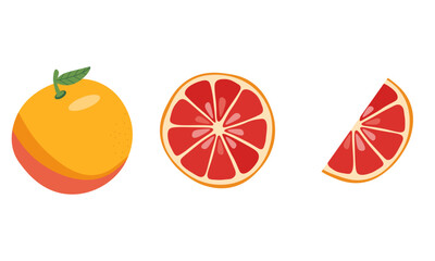 Fresh grapefruit or red orange set. Whole grapefruit with leaves, grapefruits slices and half of cut fruit. Organic fruits for juice or vitamin C healthy food. Vector illustration isolated.