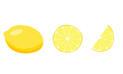 Fresh green lemon set. Whole lemon fruit with leaves, lemons slices and cut lemon. Vector illustration isolated on white background. Top view