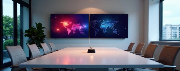 Bright conference room, dual screens displaying data, office, multimedia, information