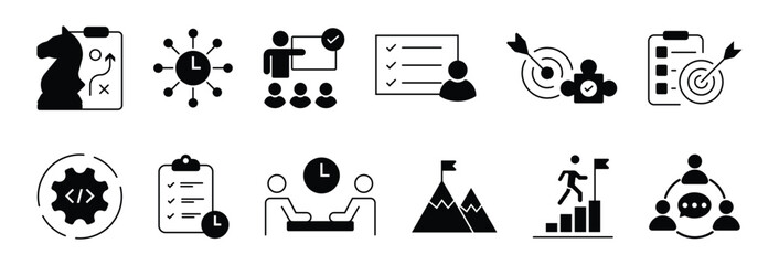 Business or organisation management icon set. Containing manager, teamwork, strategy, marketing, business, planning, training, employee icons. Solid icons vector collection.