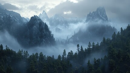 breathtaking panoramic view of evergreen mountains shrouded in mist, showcasing rugged peaks and dense forests. serene atmosphere evokes sense of tranquility and wonder