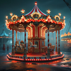Halloween product display background podium, spooky carnival carousel, eerie red, white stripes, wooden texture, flickering lanterns, eerie glow, carnival rides, dim circus lights, ad, podium platform