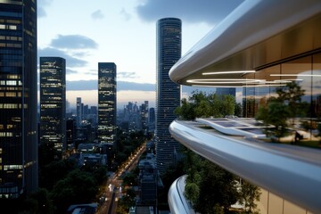 A stunning view of a futuristic building with terraces of greenery overlooking an expansive city, blending nature with modern urban life in an innovative design.