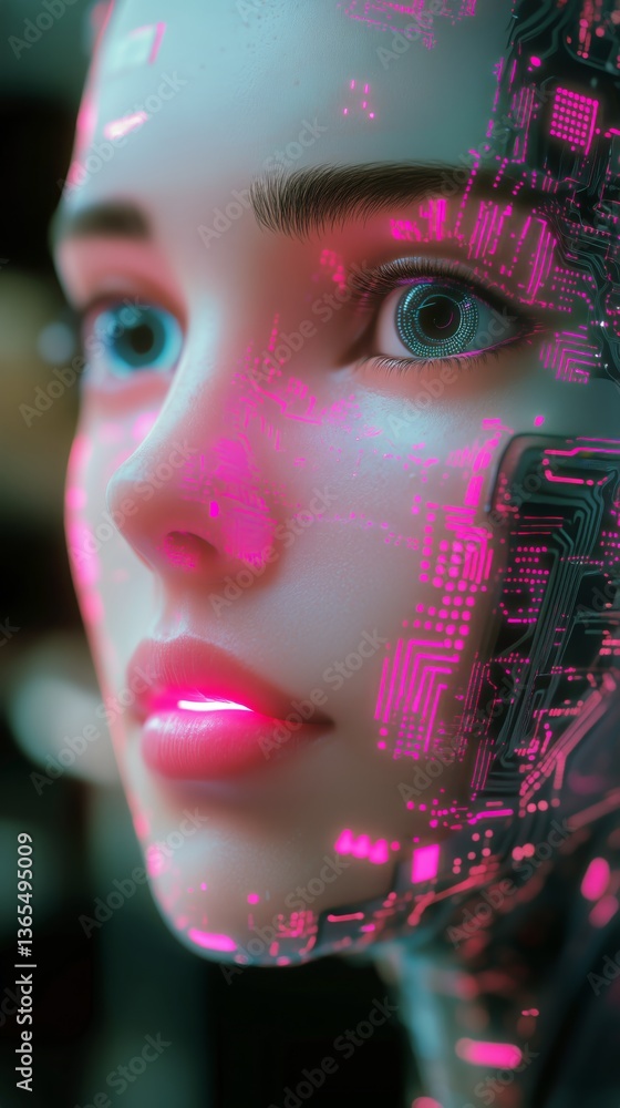 Aufkleber futuristic female robot with glowing circuit patterns in a dimly lit environment