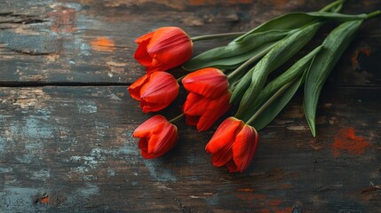 A bouquet of vibrant red tulips on a rustic wooden surface.