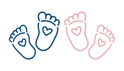 Cute Baby Feet with Heart Icons. Pink and Blue Footprints.