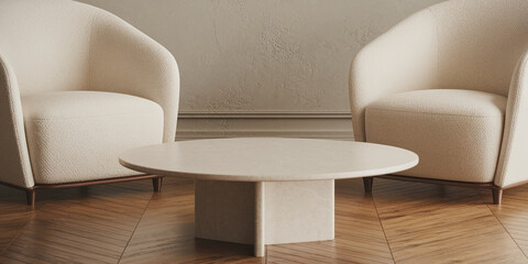 Beige armchairs and a round coffee table in a minimalist interior setting showcasing a calm and serene atmosphere ideal for relaxation and showcasing products