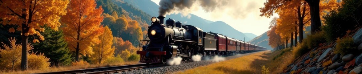 Fototapeta premium Steam locomotive pulls carriages past vibrant fall colors , vibrant, passenger train