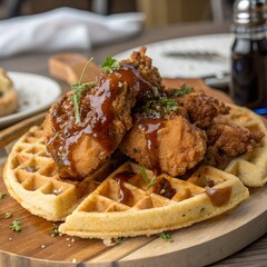 Fried Chicken on Waffles with Syrup, a plate of crispy fried chicken served on a fluffy waffle, drizzled with syrup, combining sweet and savory flavors for a delicious meal