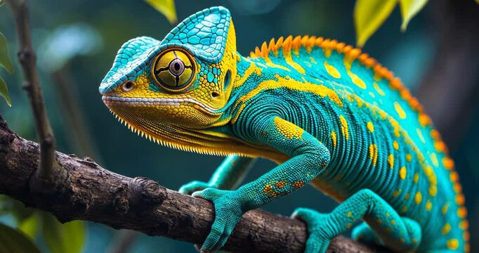 Vibrant chameleon in the wild. Colorful chameleon ascending a tree.