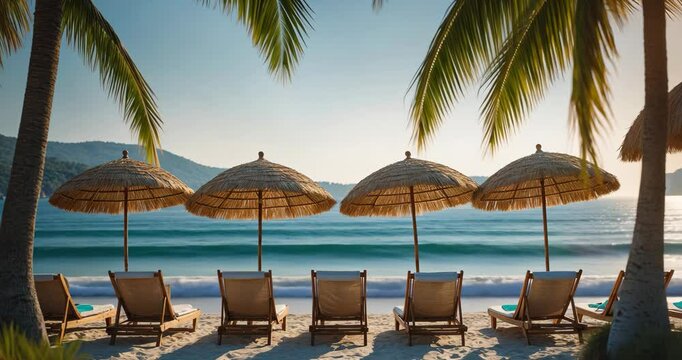 Coastal landscape - perspective of beach loungers and umbrellas, along the Black Sea shore.