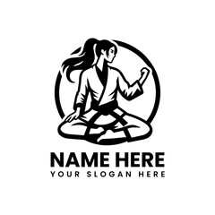 Monochrome martial arts woman illustration. Zen fitness art
