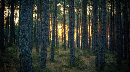 Fototapeta premium tranquil forest scene showcasing tall trees standing closely together, with sunlight filtering through branches, creating serene atmosphere. ground is covered with soft foliage, enhancing peaceful