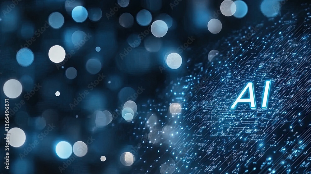 Poster abstract background showcases ai with glowing letters and connections amidst a dark setting of bokeh