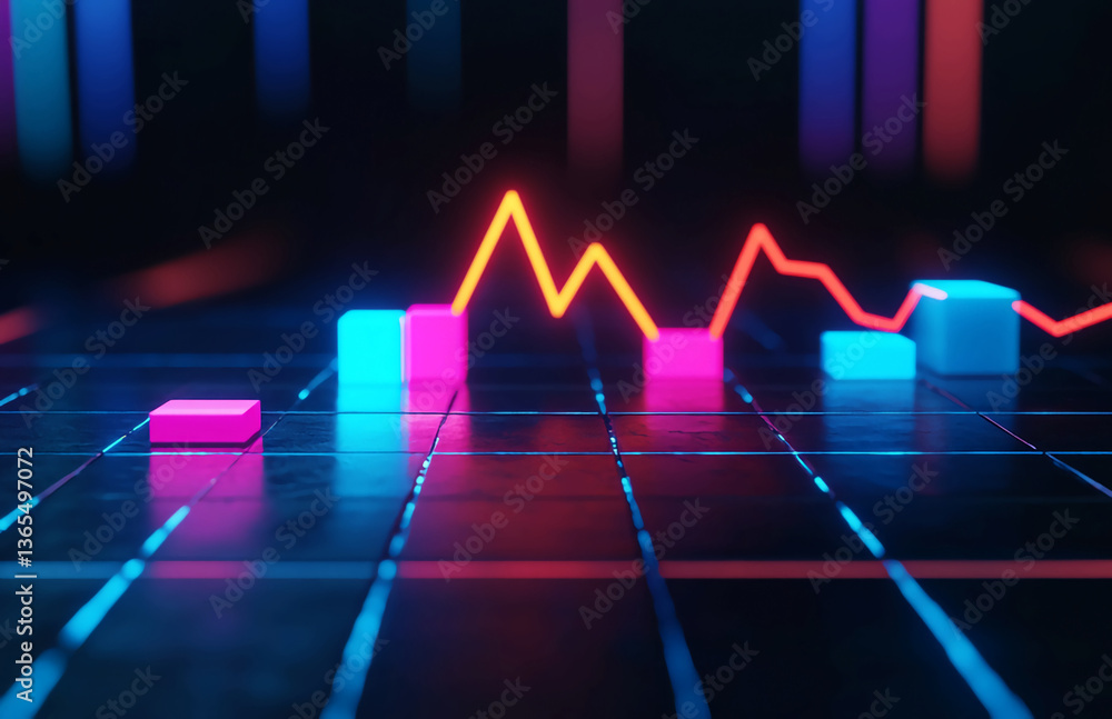 Poster abstract glowing line graph with colorful blocks on a reflective grid in a dark environment