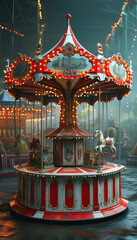 Halloween product display background podium, spooky carnival carousel, eerie red, white stripes, wooden texture, flickering lanterns, eerie glow, carnival rides, dim circus lights, ad, podium platform