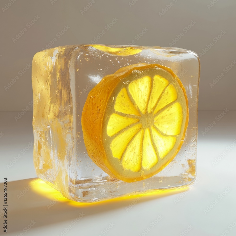 Poster 3d ice cube with lemon slice trapped inside for fun refreshment