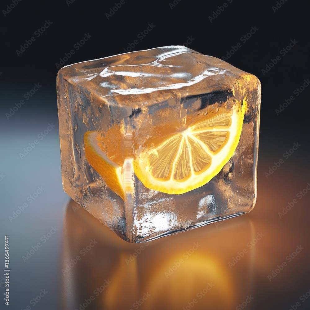 Poster 3d ice cube with lemon slice trapped inside for refreshing drinks