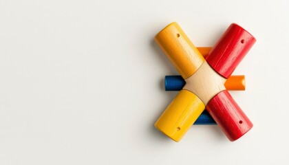 Fototapeta premium Brightly colored wooden toy pieces are arranged and connected on a white surface