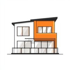 Modern Two Story House Illustration, Orange and White Exterior, Minimalist Design
