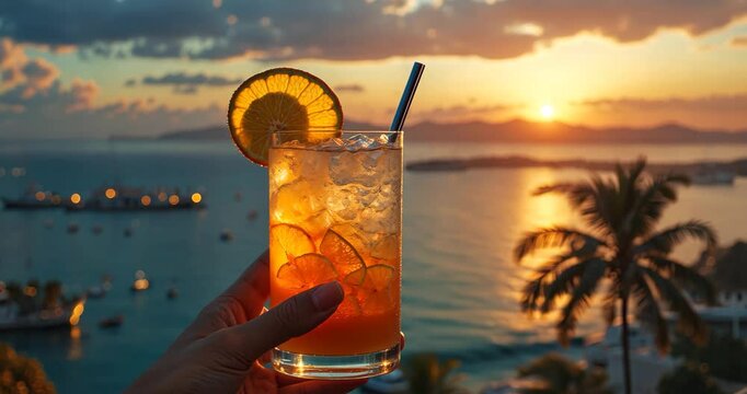 Cocktail featuring a slice of ginger set against a tropical sunset.
