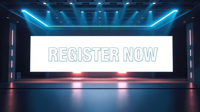 Large screen displays the words register now in bold text - Powered by Adobe