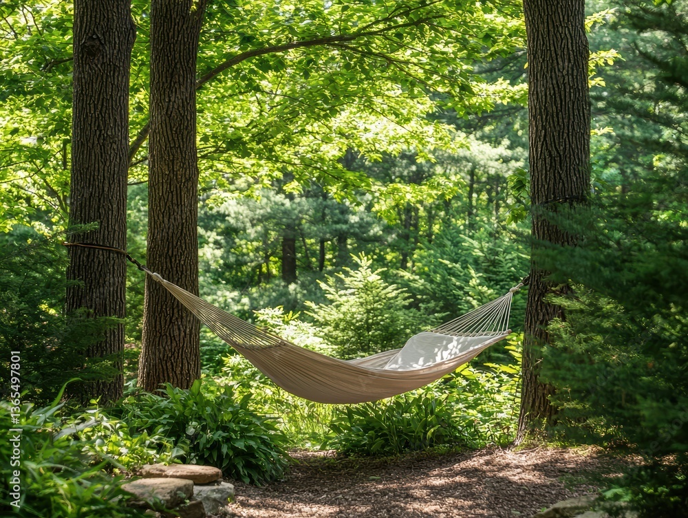Poster tranquil scene of hammock strung between two trees, surrounded by lush greenery and sunlight filteri