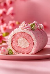 Pink rainbow roll cake,  features a delicate cream filling in the middle of each slice.