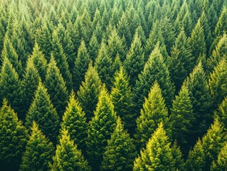 Fototapeta premium vibrant ecosystem of evergreen trees showcases lush landscape filled with rich green hues. dense forest creates serene atmosphere, inviting exploration and appreciation of nature beauty