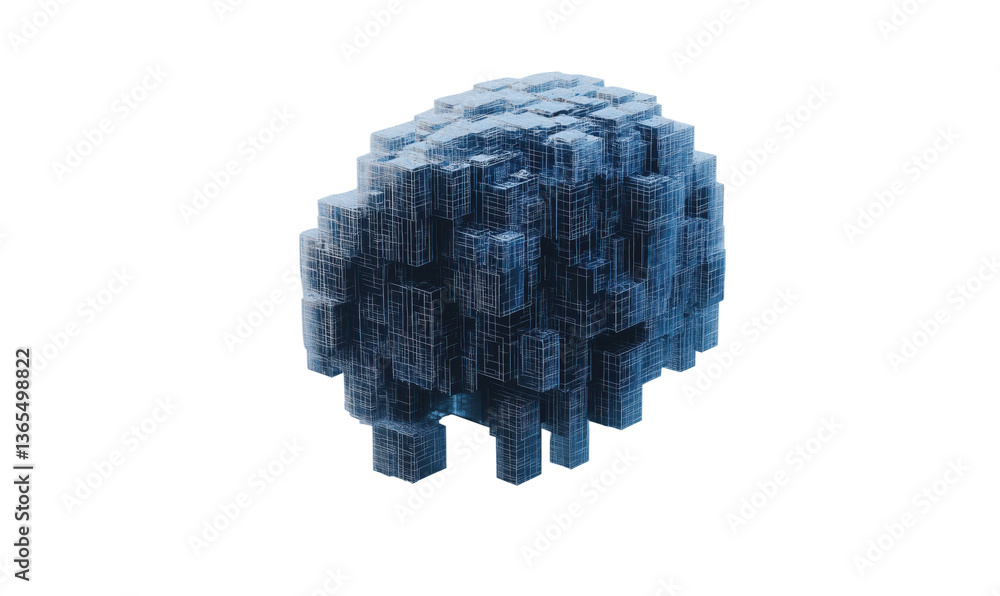 Poster 3d brain structure composed of cubes, intricate wireframe design, floating in space, modern digital 
