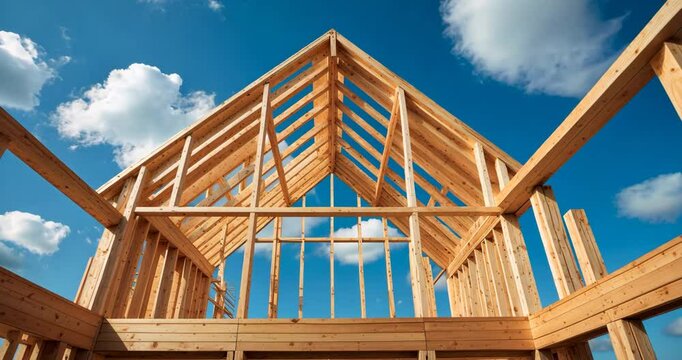 Closeup of a new stick-built house being constructed beneath a clear blue sky. The wooden structure frames the home. The concept background of house construction and real estate. Panorama
