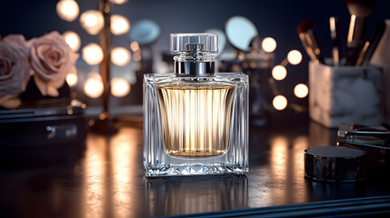 Elegant perfume displays liquid elegantly onstage reflecting lights glamorous setting accessories