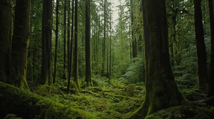 Obraz premium serene forest scene featuring tall trees covered in vibrant green moss, creating lush and tranquil atmosphere. dense foliage and soft light enhance peacefulness of this natural environment