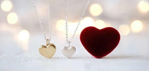Red velvet heart, gold pendant, and silver love token arranged on a clean, bright white surface.