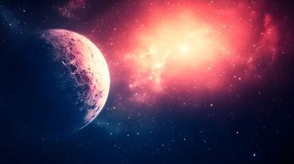 Obraz premium Enchanting planet in the sky surrounded by a beautiful cosmic landscape and fractured colorful light display