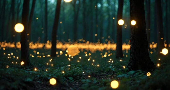 Abstract and bokeh beautiful lights of fireflies flying in the woods. Fireflies form a stunning landscape.