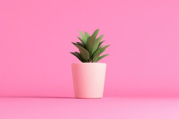 Minimalist potted plant on a vibrant pink background.  A simple, stylized plant in a pastel pink pot sits on a solid pink surface