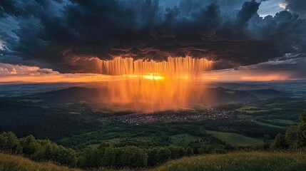 Dramatic Rain Clouds During Sunset, Creating a Striking and Atmospheric Scene in Nature -