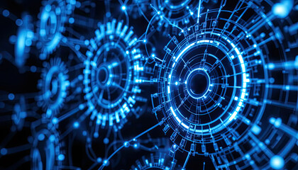 Fototapeta premium Blue Glowing Gears A Technological Background Image for Digital Spaces