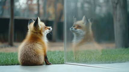 A curious fox rests on the grass, gazing at a reflective silver panel as the sun sets in a peaceful backyard