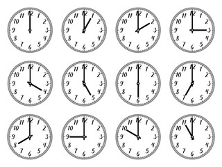 Illustration of a round analog clock with handwritten numbers. 1, 2, 3, 4, 5, 6, 7, 8, 9, 10, 11, 12, 13, 14, 15, 16, 17, 18, 19, 20, 21, 22, 23, 24 o'clock. gray bezel on transparent background.