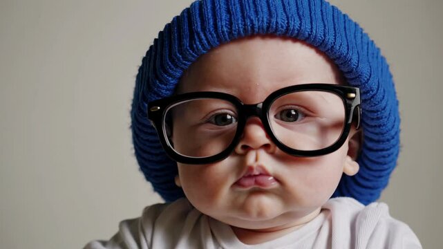 Charming baby with a blue beanie and oversized glasses evokes the image of a small professor, striking poses against a simple, neutral backdrop