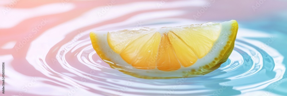 Poster playful 3d lemon wedge floating in water creating gentle ripples