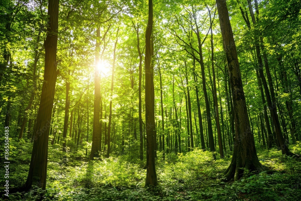 Poster lush evergreen forest with sunlight filtering through trees, creating serene and vibrant atmosphere.