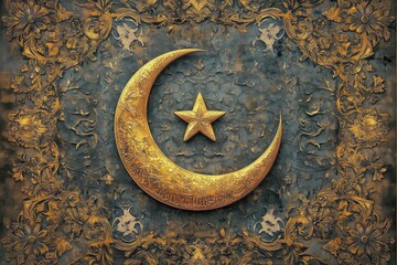 Naklejka premium Elegant Golden Crescent Moon and Star Design Featuring Intricate Floral Patterns on a Textured Background