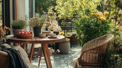 Fototapeta premium Beautifully styled terrace with a wooden table, cozy chair, potted plants, and a flower vase. Arranged with tableware, fruits, and home accessories.