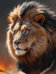 Naklejka premium Majestic lion observing burning savanna at sunset, digital painting