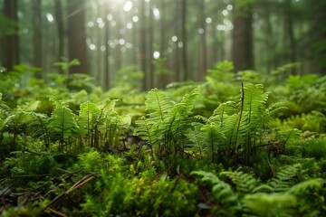 Fototapeta premium Conservation of Club Mosses Lycopodium Miniature Giants of Carboniferous Age Show lush undergrowth of club moss carpeting damp forest floor their evolutionary root stretching back 300 million year